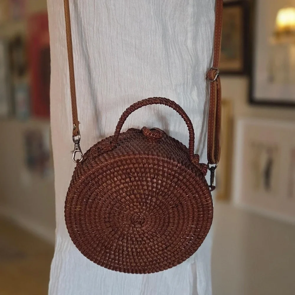 Round Woven Rattan Crossbody Bag Dark Brown Circle Canteen Purse Boho Summer